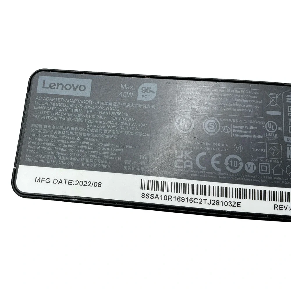 Lenovo 45W USB-C Laptop Power Adapter Charger ADLX45YCC2G SA10R16916 Black